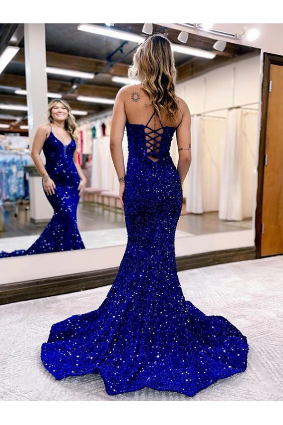 Discount Mermaid V-Neck Sleeveless Long Court Train Velvet Sequin Prom Dress