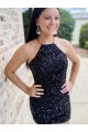 Discount Halter Sleeveless Short Velvet Sequin Prom Dress