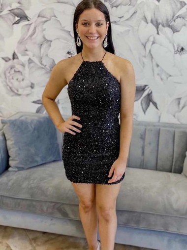 Discount Halter Sleeveless Short Velvet Sequin Prom Dress
