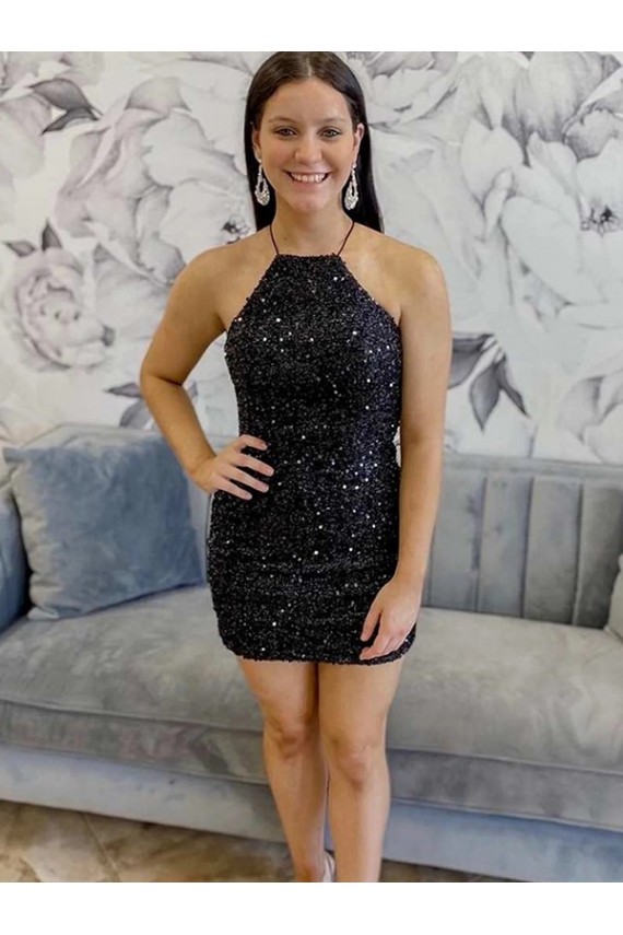 Discount Halter Sleeveless Short Velvet Sequin Prom Dress