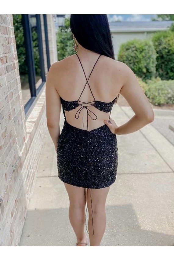 Discount Halter Sleeveless Short Velvet Sequin Prom Dress