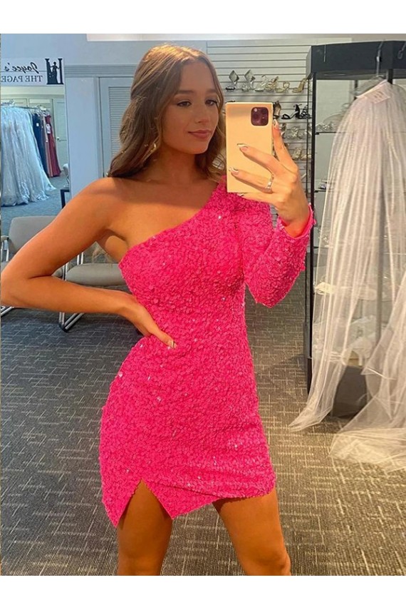 Discount Short Velvet Sequin One Shoulder Long Sleeves Prom Dress