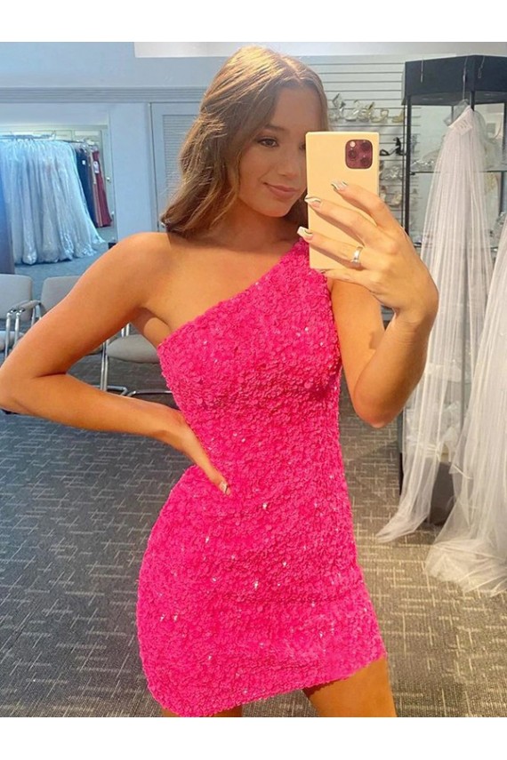 Discount Short One Shoulder Sleeveless Velvet Sequin Prom Dress