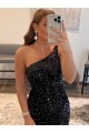 Discount One Shoulder Sleeveless Short Velvet Sequin Prom Dress
