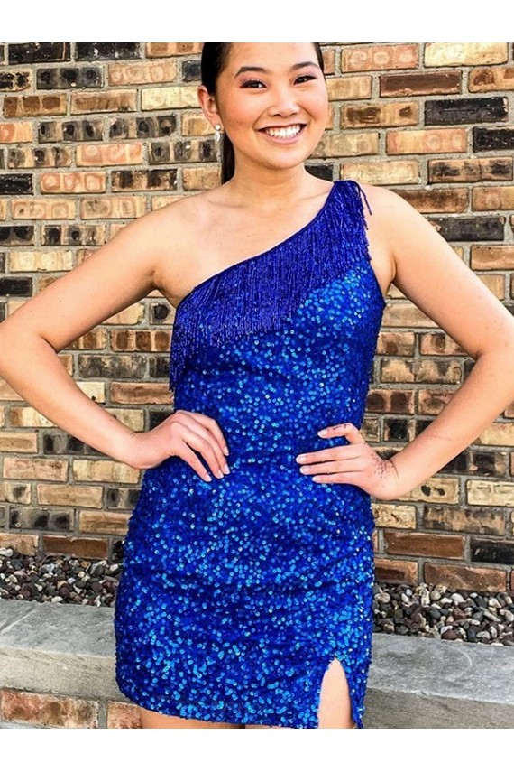 Discount One Shoulder Sleeveless Short Velvet Sequin Royal Blue Prom Dress