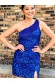 Discount One Shoulder Sleeveless Short Velvet Sequin Royal Blue Prom Dress