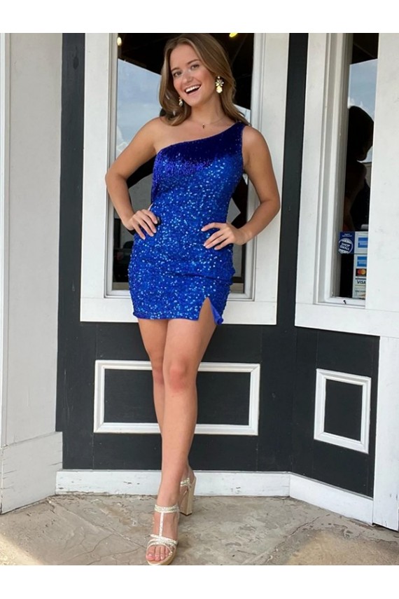 Discount One Shoulder Sleeveless Short Velvet Sequin Royal Blue Prom Dress