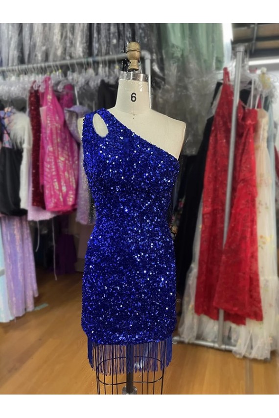 Discount One Shoulder Keyhole Sleeveless Short Velvet Sequin Prom Dress