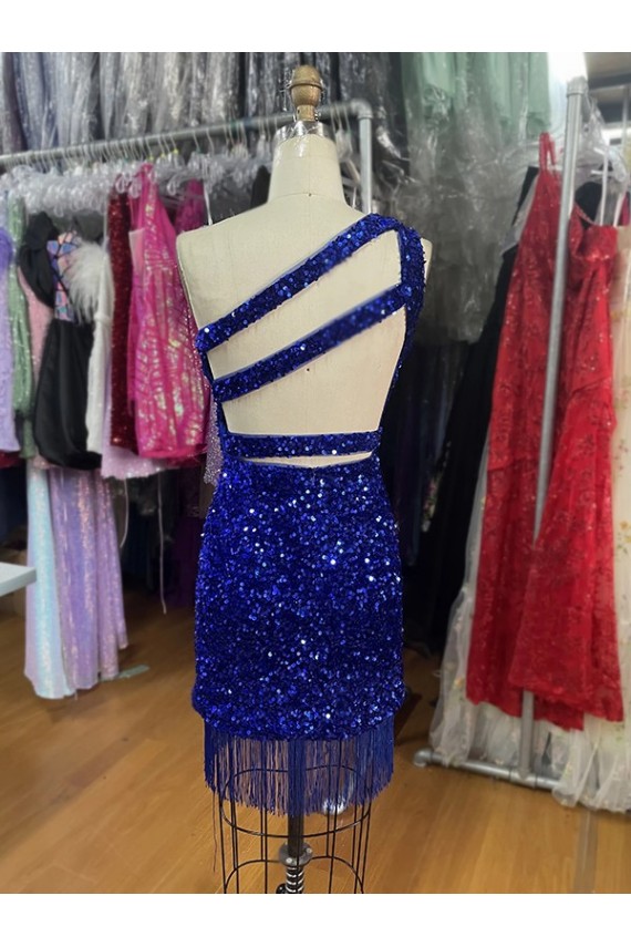 Discount One Shoulder Keyhole Sleeveless Short Velvet Sequin Prom Dress