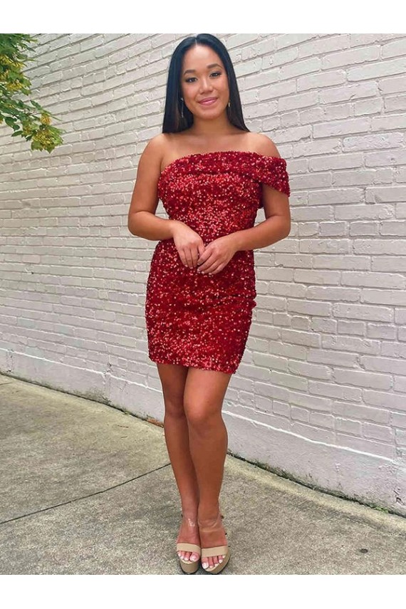 Discount Short One Shoulder Sleeveless Velvet Sequin Cocktail Prom Dress
