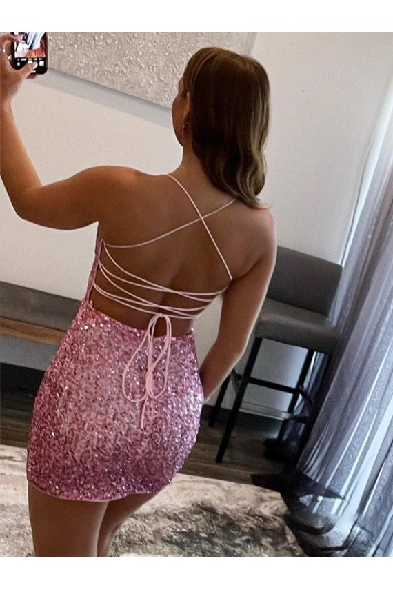 Discount Spaghetti Straps Sleeveless Short Velvet Sequin Prom Dress