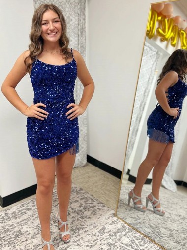 Discount Spaghetti Straps Backless Sleeveless Short Velvet Sequin Prom Dress