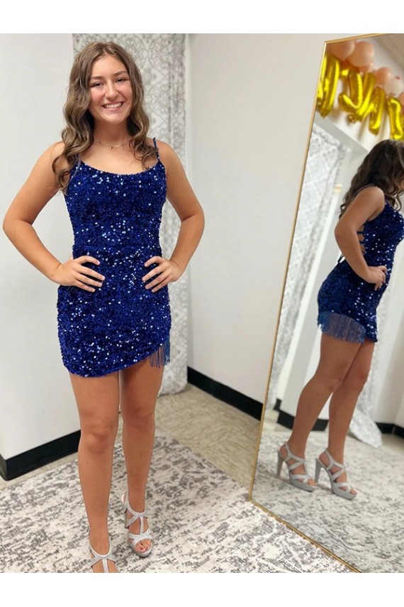 Discount Spaghetti Straps Backless Sleeveless Short Velvet Sequin Prom Dress