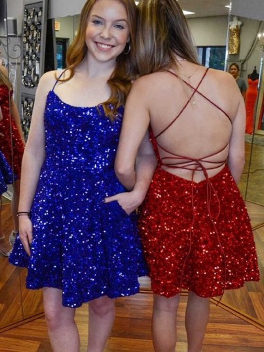 Discount A-Line Spaghetti Straps Sleeveless Short Velvet Sequin Prom Dress