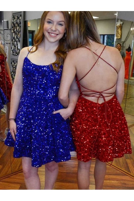 Discount A-Line Spaghetti Straps Sleeveless Short Velvet Sequin Prom Dress