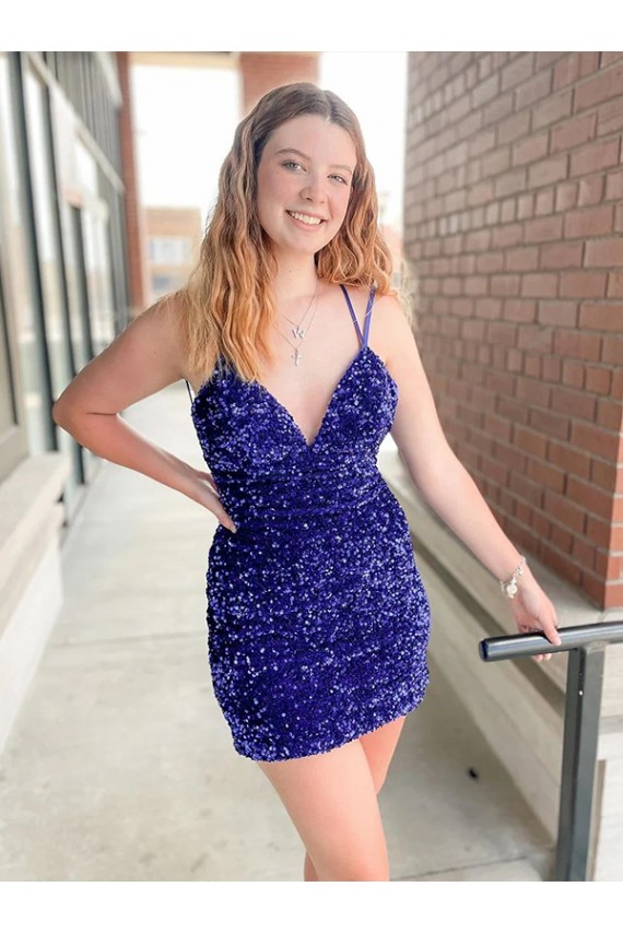 Discount Sleeveless Short Velvet Sequin V-Neck Prom Dress