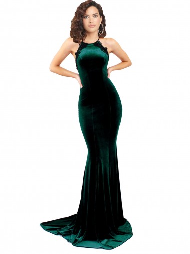 Discount High Neck Formal Stretch Velvet Bridesmaid Dress / Prom Dress with Black Lace Embroidery