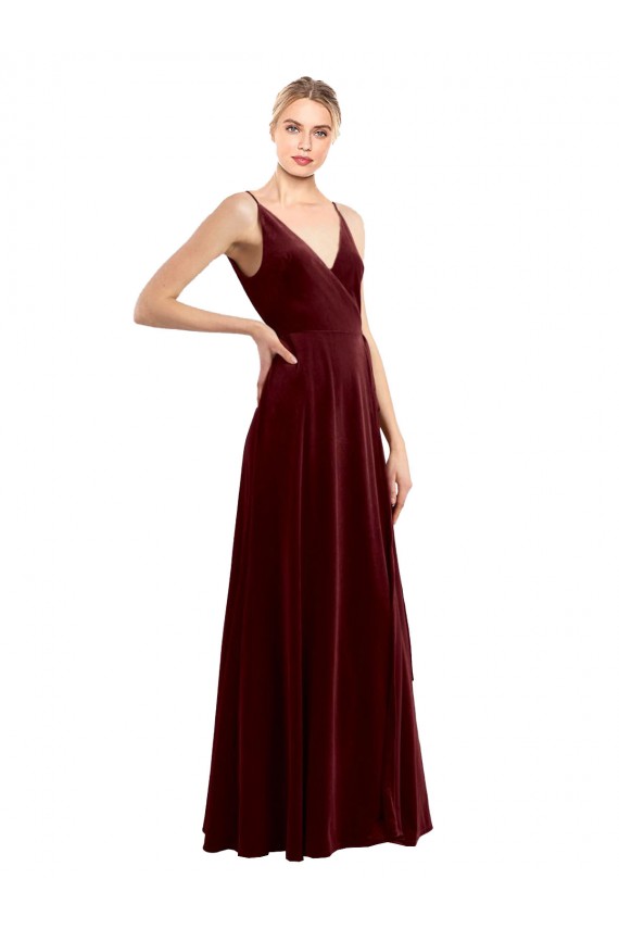 Discount Faux Wrap V-Neck Sleek Long Formal Velvet Bridesmaid Dress / Prom Dress