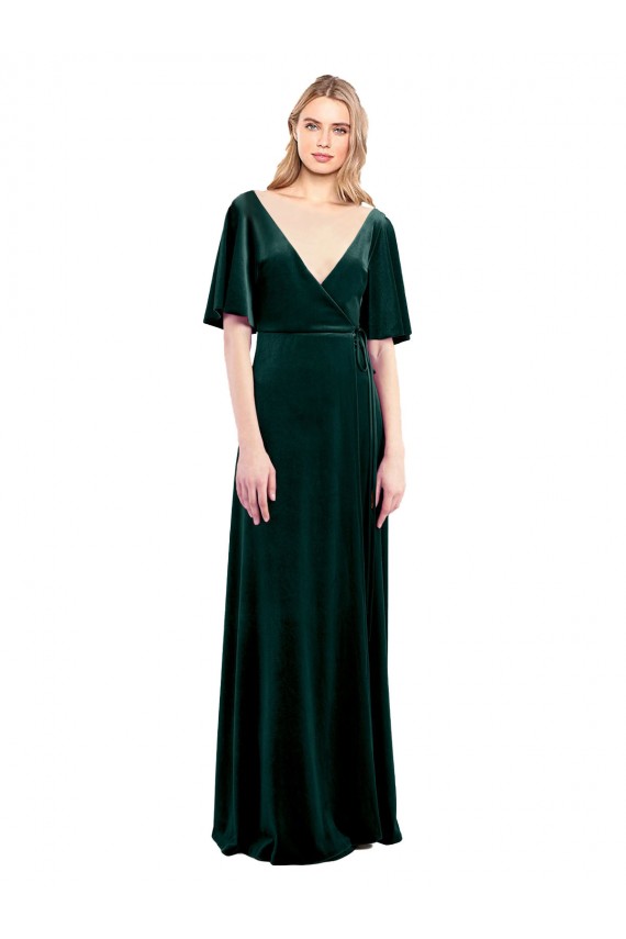 Discount Deep V-Neck Flutter Sleeves Long Velvet Wrap Bridesmaid Dress / Prom Dress