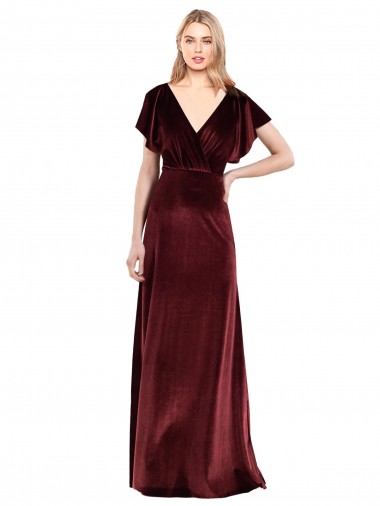 Discount Flutter Sleeves Open Back Long Velvet Bridesmaid Dress / Prom Dress