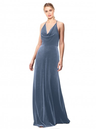 Discount Halter Cowl Neck Long A-Line Velvet Bridesmaid Dress / Prom Dress with Keyhole Back
