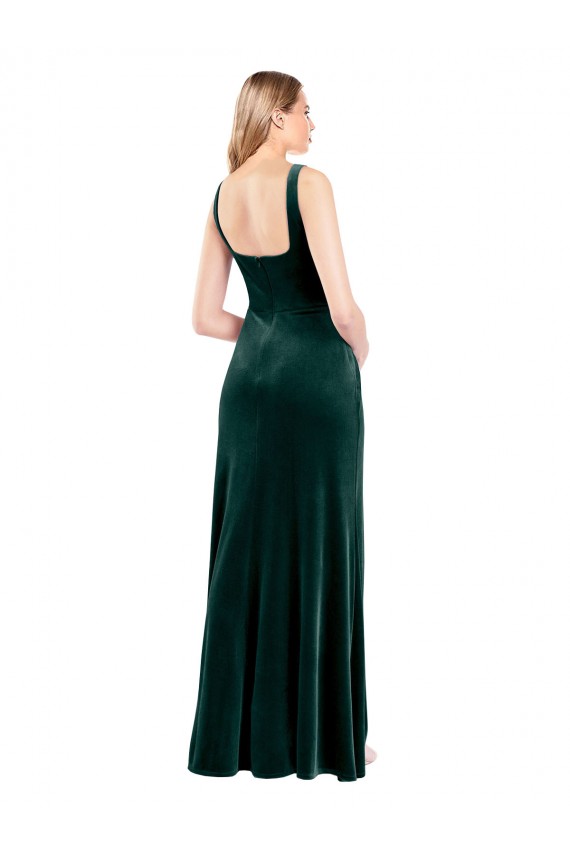 Discount Square Neck Full Length Velvet Bridesmaid Dress / Prom Dress with Side Slit