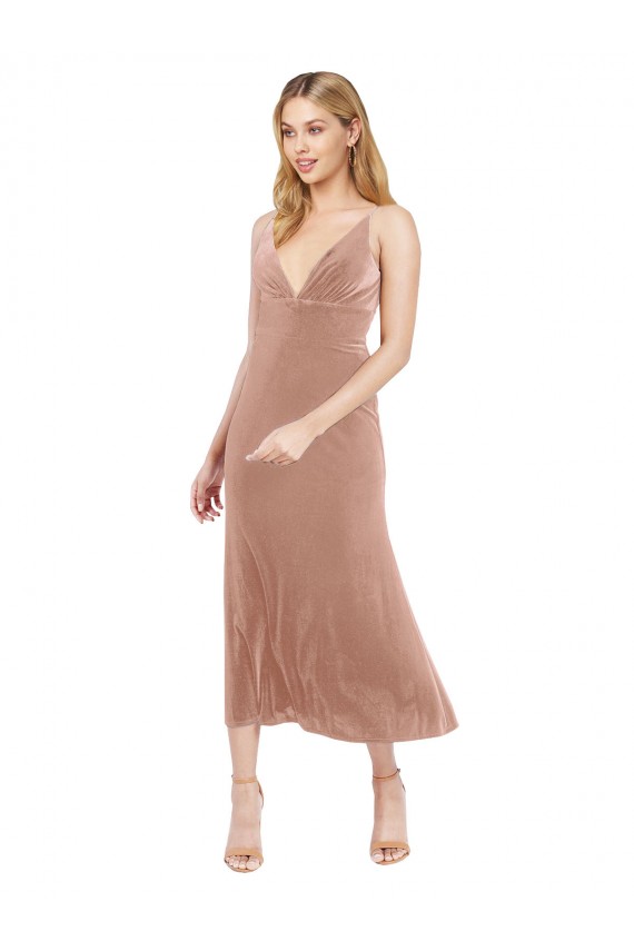 Discount Midi Cocktail Length Short V-Neck Velvet Bridesmaid Dress / Prom Dress with Notched Neckline