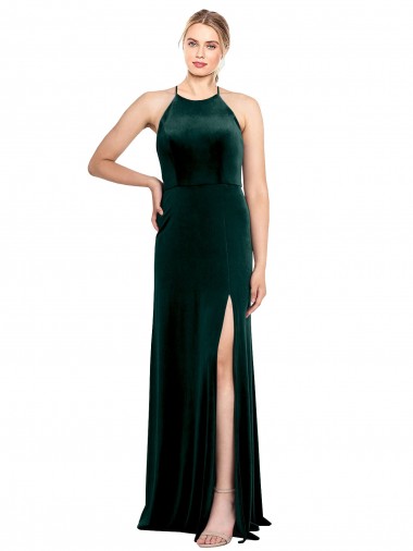 Discount Long Jewel Neck Full Length Velvet Bridesmaid Dress / Prom Dress with Side Slit