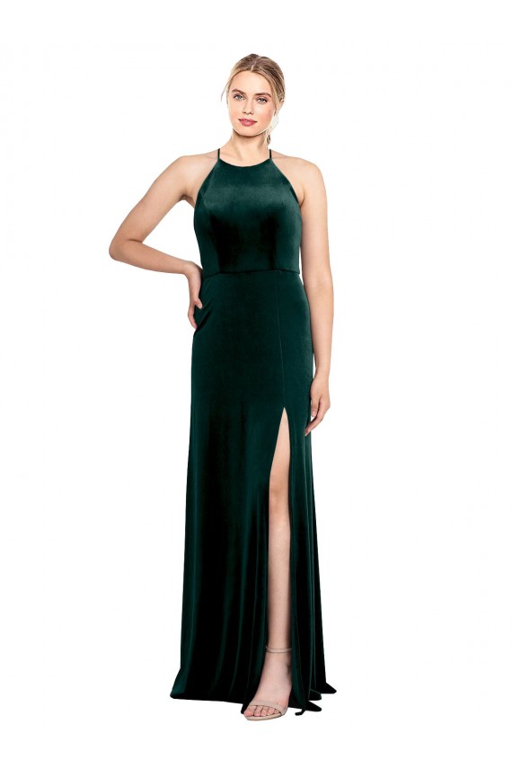 Discount Long Jewel Neck Full Length Velvet Bridesmaid Dress / Prom Dress with Side Slit
