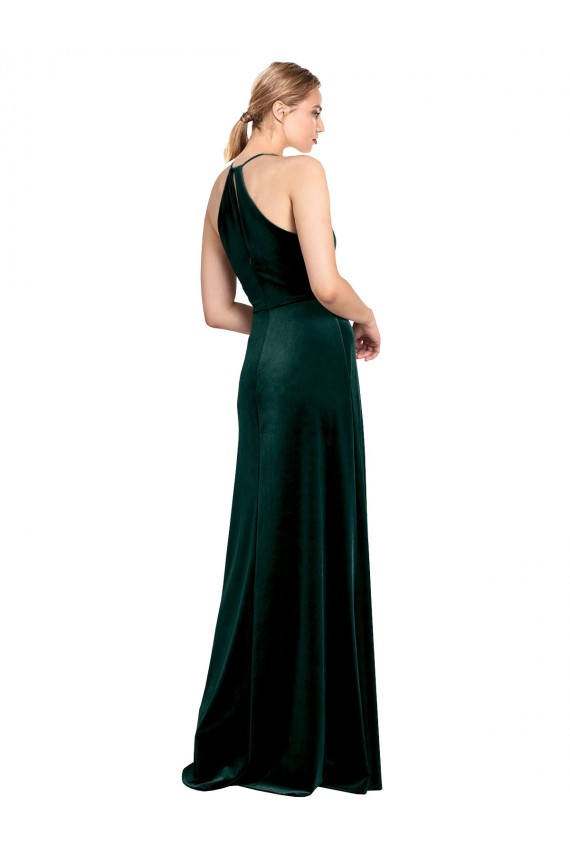 Discount Long Jewel Neck Full Length Velvet Bridesmaid Dress / Prom Dress with Side Slit