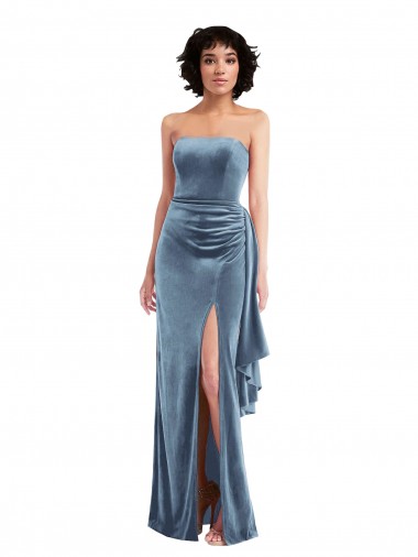Discount Strapless Formal Velvet Maxi Bridesmaid Dress / Prom Dress with Draped Skirt