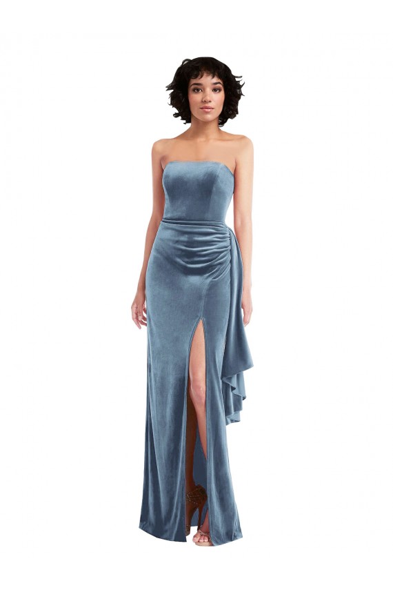 Discount Strapless Formal Velvet Maxi Bridesmaid Dress / Prom Dress with Draped Skirt