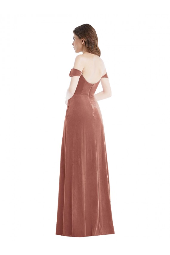 Discount Off the Shoulder Flounce Sleeve Velvet Maxi Bridesmaid Dress / Prom Dress with Pockets