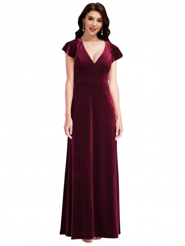 Discount Flutter Sleeve Velvet Maxi Bridesmaid Dress / Prom Dress with Pockets
