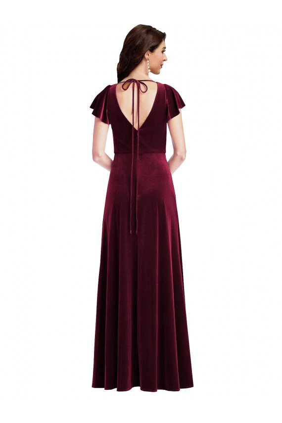 Discount Flutter Sleeve Velvet Maxi Bridesmaid Dress / Prom Dress with Pockets