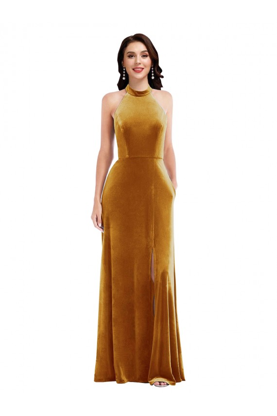 Discount High-Neck Halter Velvet Maxi Bridesmaid Dress / Prom Dress with Front Slit