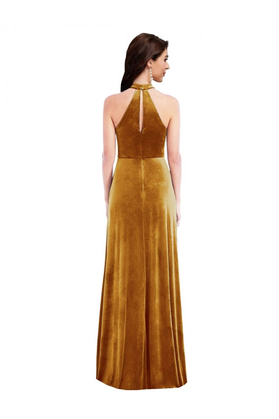 Discount High-Neck Halter Velvet Maxi Bridesmaid Dress / Prom Dress with Front Slit