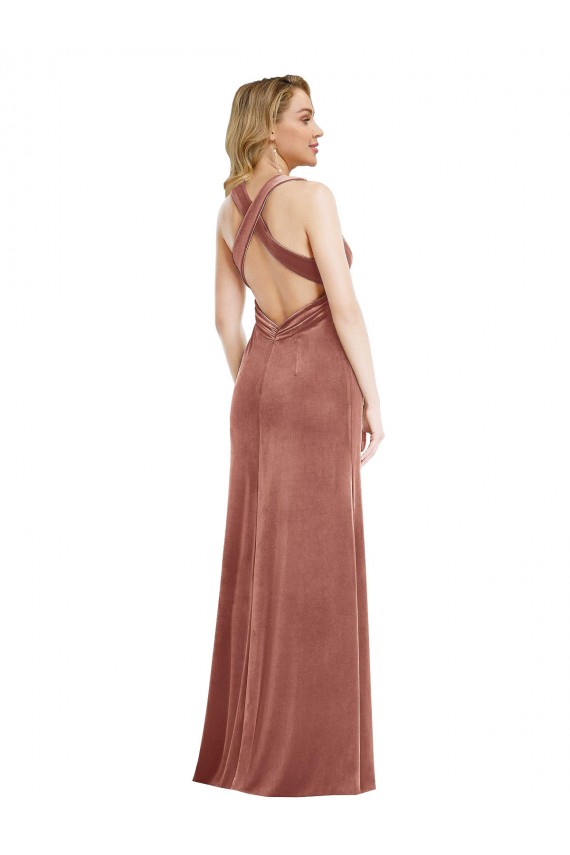 Discount Plunging Neckline Formal Velvet Maxi Bridesmaid Dress / Prom Dress with Criss Cross Open Back