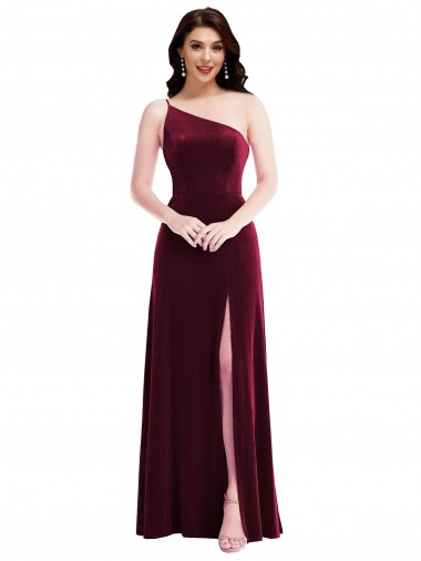 Discount One Shoulder Spaghetti Strap Velvet Maxi Bridesmaid Dress / Prom Dress with Pockets