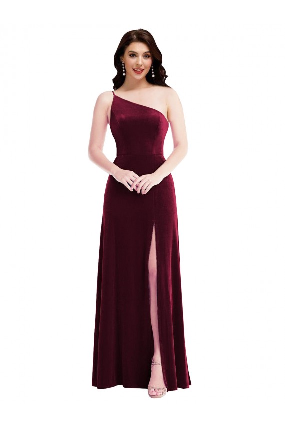 Discount One Shoulder Spaghetti Strap Velvet Maxi Bridesmaid Dress / Prom Dress with Pockets