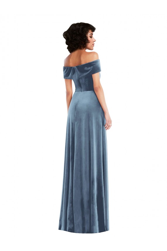 Discount Draped Cuff Off the Shoulder Velvet Maxi Bridesmaid Dress / Prom Dress with Pockets