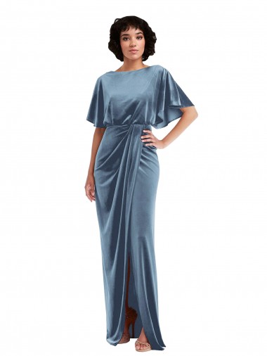 Discount Flutter Sleeve Open Back Velvet Maxi Bridesmaid Dress / Prom Dress with Pockets & Draped Wrap Skirt Pockets