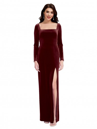 Discount Sleek Square Neck Spaghetti Straps Velvet Bridesmaid Dress / Prom Dress with Side Slit