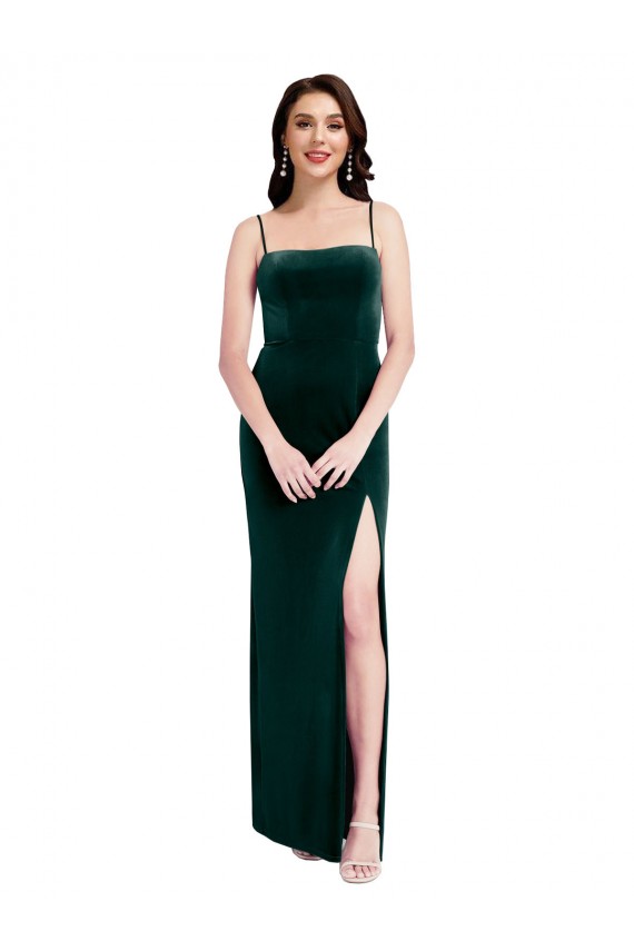 Discount Straight Neckline Spaghetti Straps Long Velvet Bridesmaid Dress / Prom Dress with High Side Slit