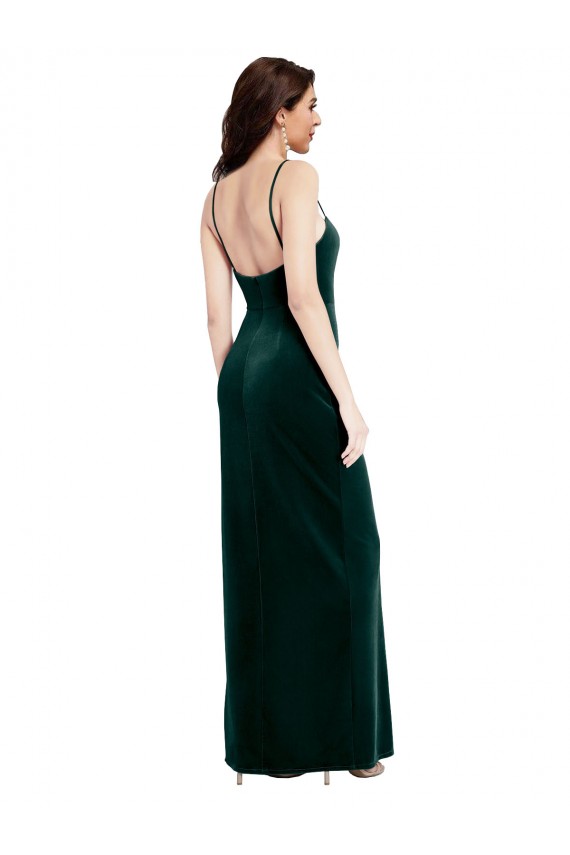 Discount Straight Neckline Spaghetti Straps Long Velvet Bridesmaid Dress / Prom Dress with High Side Slit