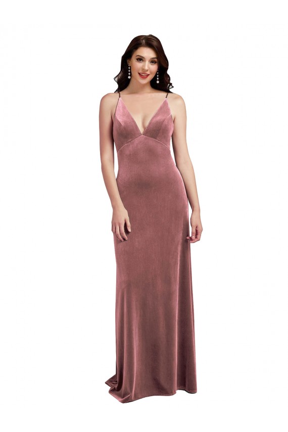 Discount Low Scoop Back Long V-Neck Formal Velvet Slip Bridesmaid Dress / Prom Dress