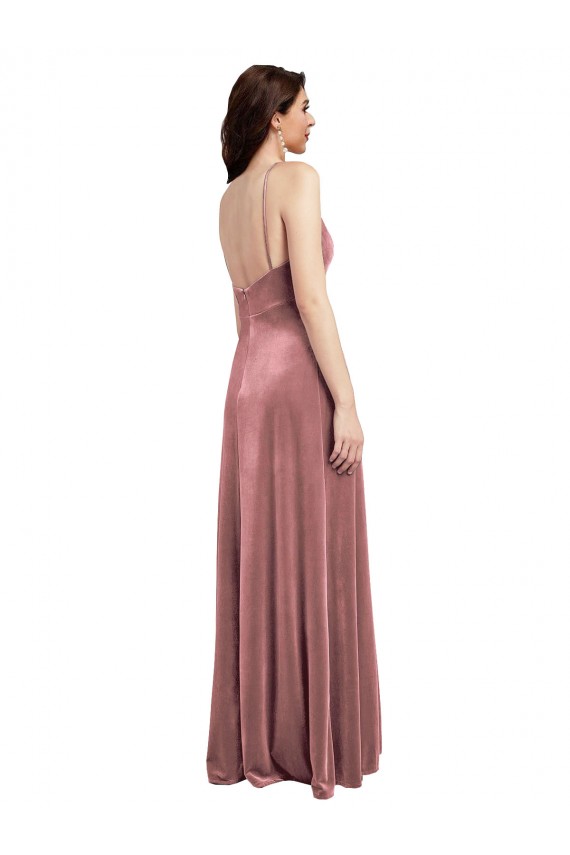 Discount Low Scoop Back Long V-Neck Formal Velvet Slip Bridesmaid Dress / Prom Dress