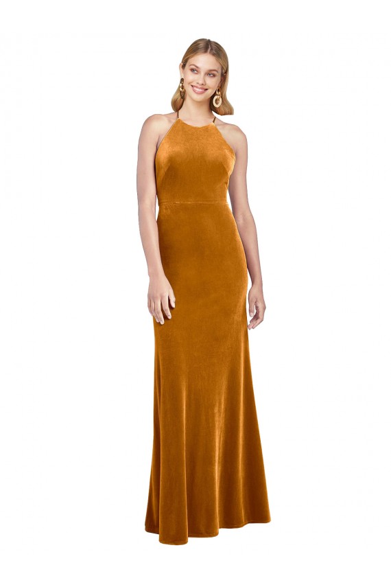 Discount Halter Neckline Long Full Length Formal Velvet Bridesmaid Dress / Prom Dress with Strappy Back