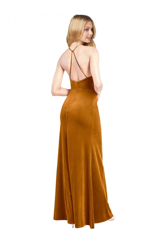 Discount Halter Neckline Long Full Length Formal Velvet Bridesmaid Dress / Prom Dress with Strappy Back