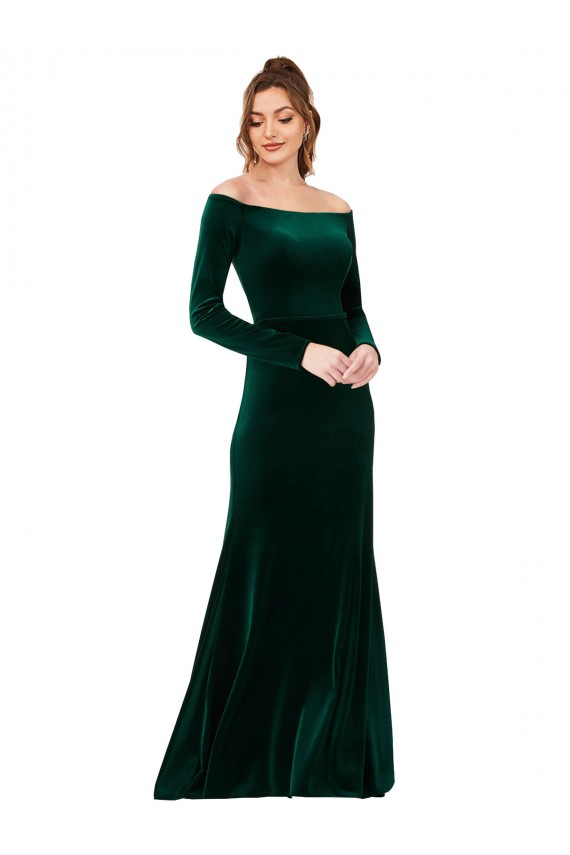 Discount Off the Shoulder Long Sleeves Formal Stretch Velvet Bridesmaid Dress / Prom Dress
